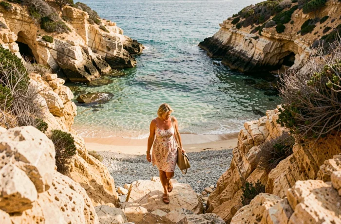 Femme descendant le sentier rocheux pour accéder à la plage des Trois Pointes à Bonifacio avec vue sur la crique
