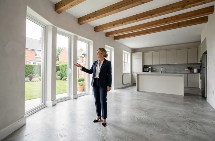 Agent immobilier présentant un salon rénové minimaliste avec grandes baies vitrées dans une maison contemporaine