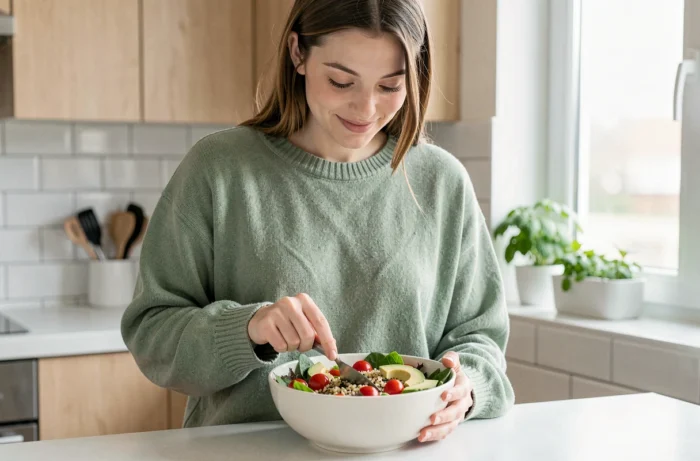 Jeune femme préparant un bol de salade saine dans une cuisine moderne, avec des légumes frais colorés, illustration d'une alimentation équilibrée et du bien-être quotidien