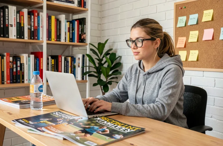 Jeune femme blogueure sportive travaillant sur un blog sport depuis son bureau à domicile, entourée de magazines et d'équipements sportifs