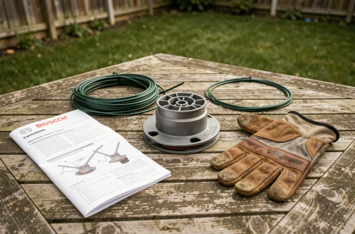 Bobine de coupe-bordure Bosch démontée avec fil de remplacement et guide sur une table de jardin