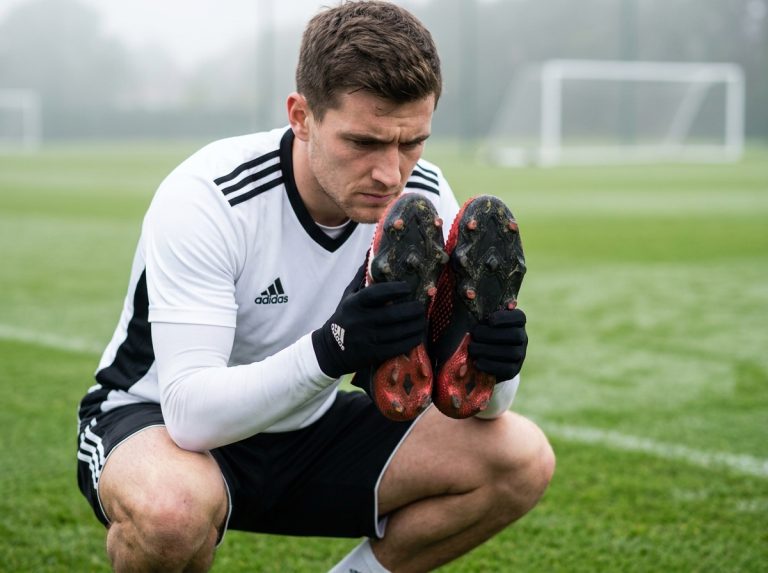 Joueur de football examinant une paire de crampons Adidas Predator sur un terrain d'entraînement en gazon naturel