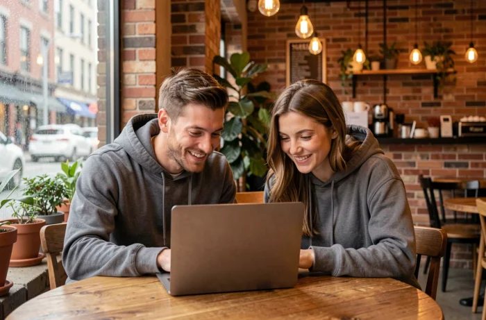 Deux jeunes professionnels collaborant sur un ordinateur portable IA dans un café urbain tendance