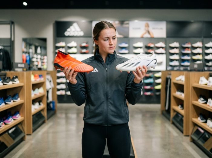 Jeune femme comparant deux modèles de crampons Adidas dans un magasin de sport