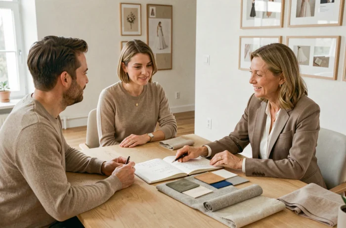 Couple rencontrant une wedding planner professionnelle en Suisse lors d'une consultation de mariage
