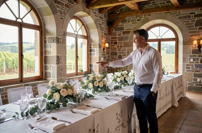 Coordinateur de salle de mariage présentant une décoration de réception dans un château suisse