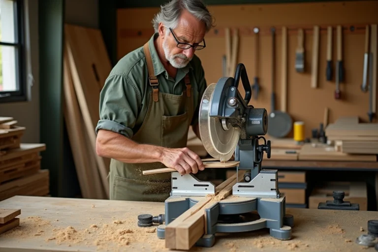 Charpentier effectuant une coupe de bois en biais avec une scie à onglet dans un atelier artisanal