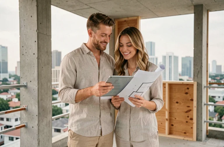 Couple consultant des plans architecturaux sur tablette dans un appartement neuf en construction avec vue sur la ville