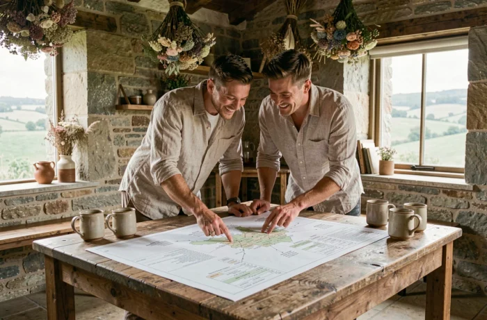 Couple étudiant ensemble un plan de site de mariage sur une table en bois dans une ferme de campagne