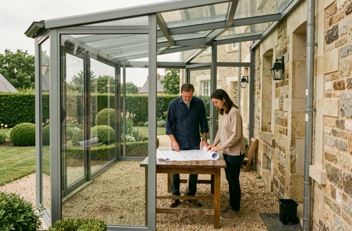 Couple examinant les plans de leur véranda sur mesure dans une maison des Yvelines avec vue sur jardin