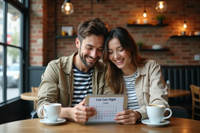 Couple recherchant des vols Ryanair pas chers sur une tablette dans un café pour planifier leur voyage