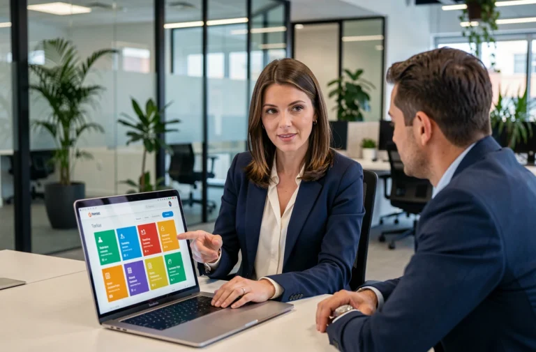 Employée de comité d'entreprise présentant un site web personnalisé à un collègue dans un bureau moderne