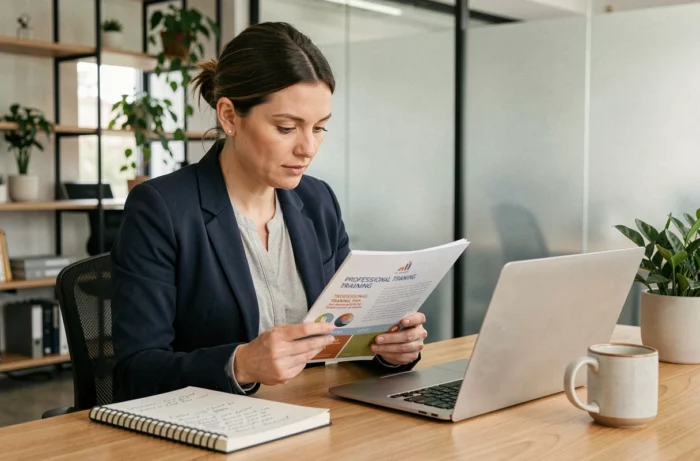 Femme professionnelle consultant un catalogue de formations dans un espace de coworking moderne
