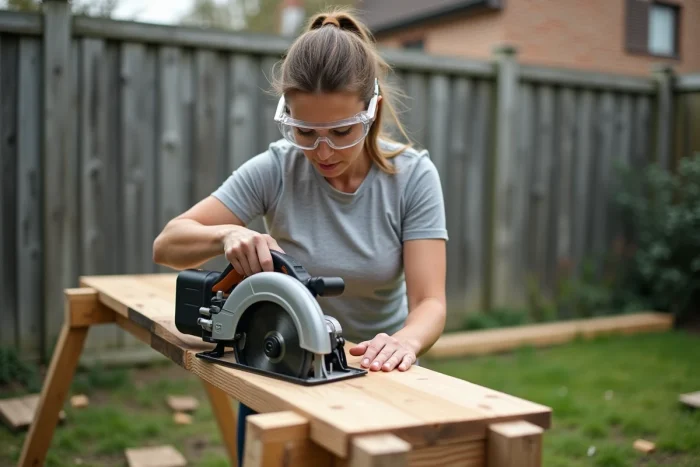 Femme réalisant une coupe en biais avec une scie circulaire sur un chevalet en bois dans un jardin