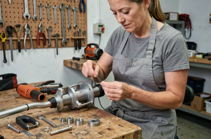 Femme enfilant un nouveau fil nylon dans la bobine d'un coupe-bordure Bosch dans un atelier