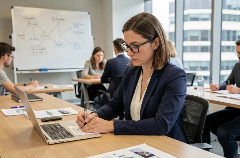 Femme professionnelle prenant des notes lors d'une formation en entreprise pour booster sa carrière