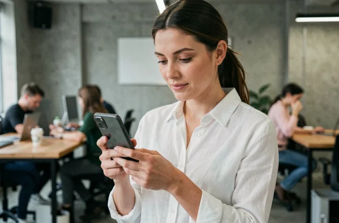 Femme professionnelle tenant un smartphone pliable dans un espace de travail tech moderne en 2024