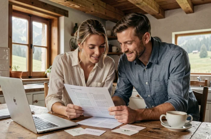 Futurs mariés consultant une liste de prestataires pour organiser leur mariage en Suisse