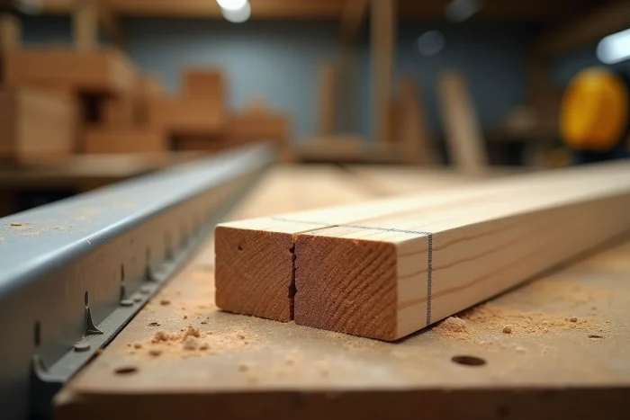 Gros plan sur une coupe en biais de planche en pin avec mesures et marques de coupe visibles