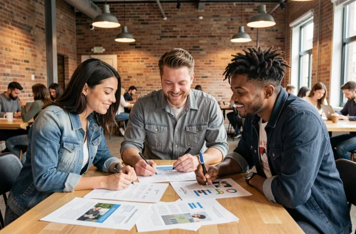 Groupe de professionnels collaborant autour de matériaux de formation dans un espace de coworking moderne
