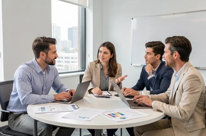 Groupe de professionnels discutant de choix de formation autour d'une table en salle de réunion