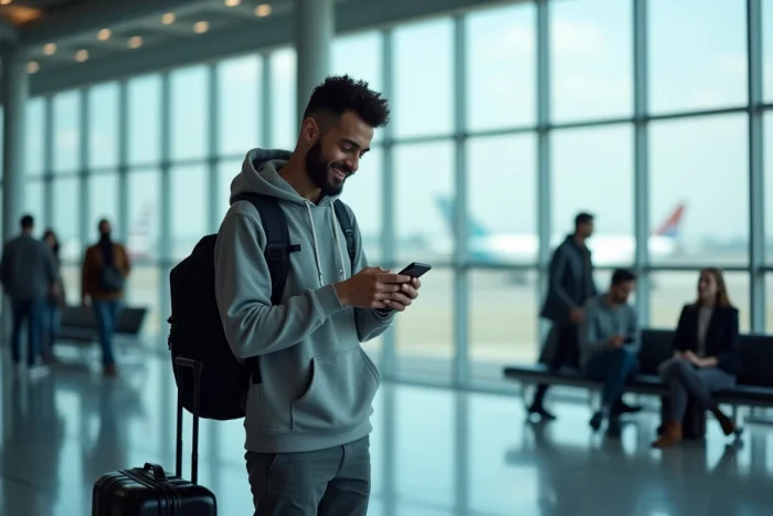 Homme consultant une application de vols pas chers dans un terminal d'aéroport avec sa valise cabine