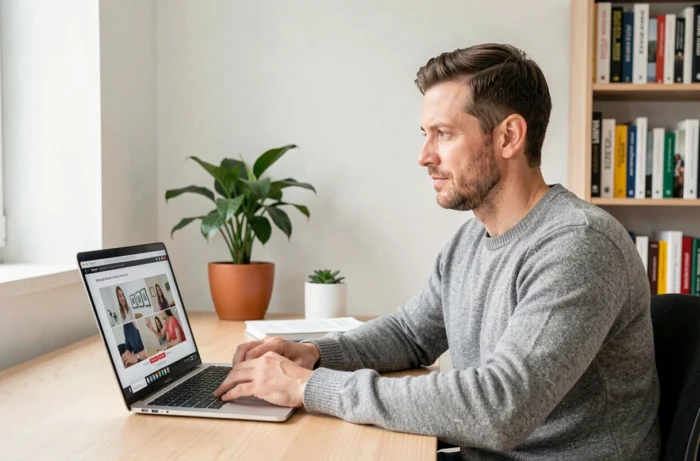 Homme en télétravail suivant une formation professionnelle en ligne depuis son bureau à domicile