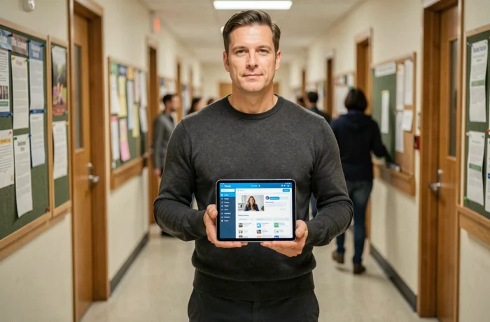 Homme consultant une plateforme de formation en ligne sur tablette dans un couloir universitaire