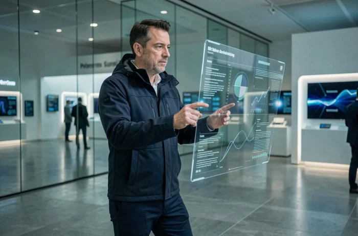 Homme interagissant avec une interface de réalité augmentée lors d'un salon des innovations technologiques