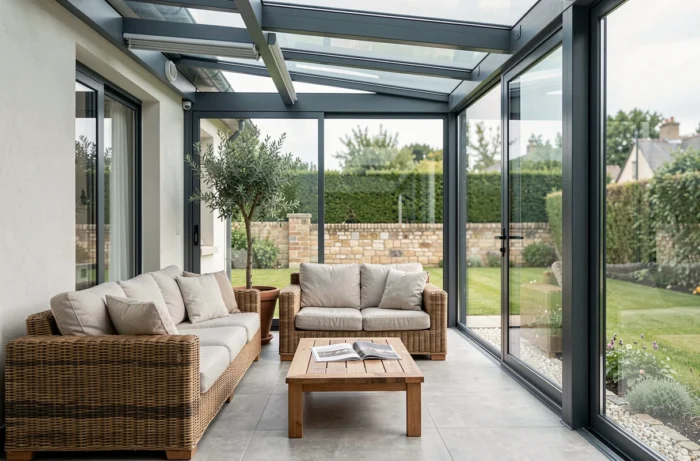 Intérieur aménagé d'une véranda contemporaine sur mesure dans une maison des Yvelines