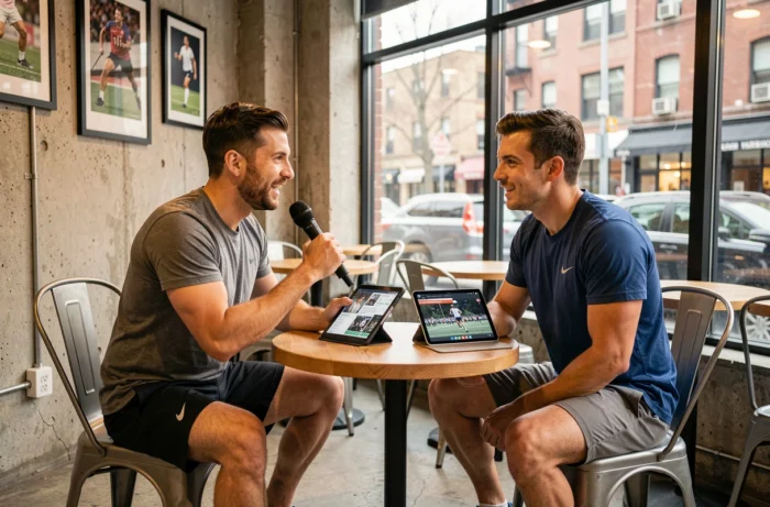 Deux journalistes sportifs enregistrant un podcast ou une interview dans un café urbain, illustrant le contenu multimédia d'un blog sport dynamique