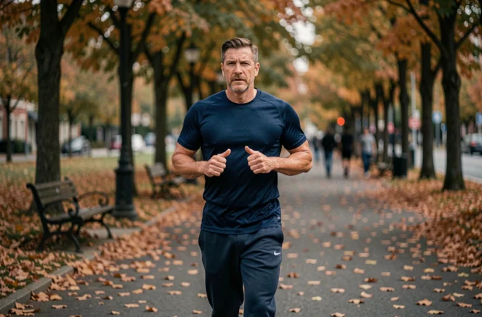Homme d'âge moyen faisant du jogging dans un parc urbain en automne, entouré de feuilles colorées, illustrant un mode de vie sain et actif