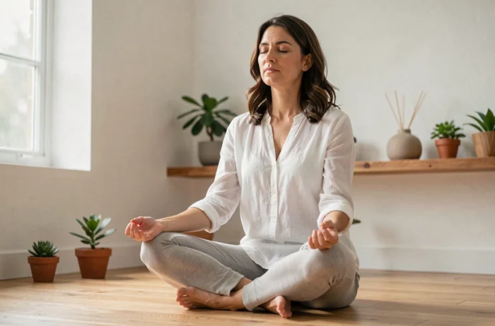 Femme pratiquant la méditation en position assise sur un parquet en bois dans un salon minimaliste, entourée de plantes vertes, ambiance calme et bien-être