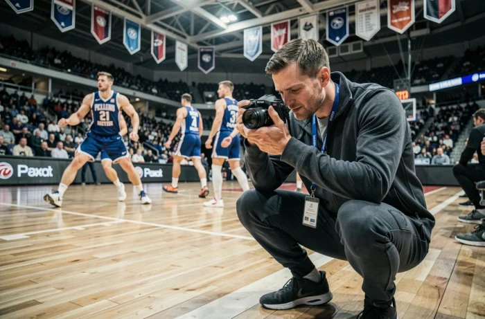 Photographe sportif professionnel en action lors d'un match de basketball dans une arena, illustrant la couverture éditoriale d'un blog sport