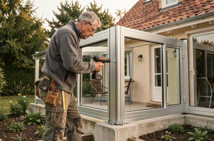 Artisan posant les profilés aluminium d'une véranda sur mesure sur une maison en Yvelines