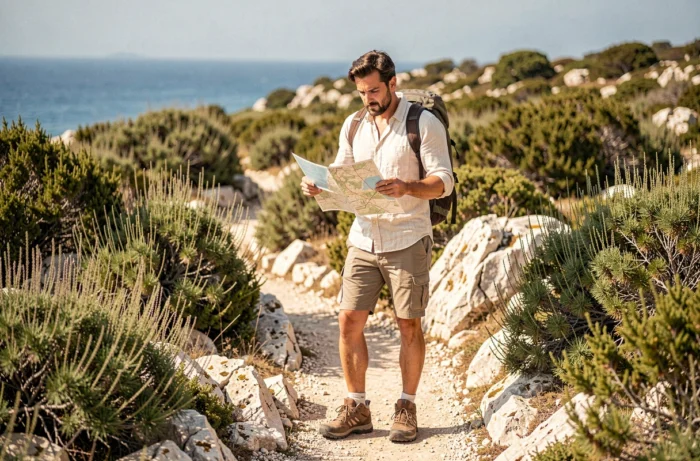 Randonneur consultant une carte sur le sentier d'accès à la plage des Trois Pointes à Bonifacio en Corse