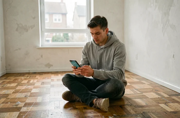 Jeune homme recherchant des biens immobiliers sur smartphone assis dans un appartement vide lors d'une visite