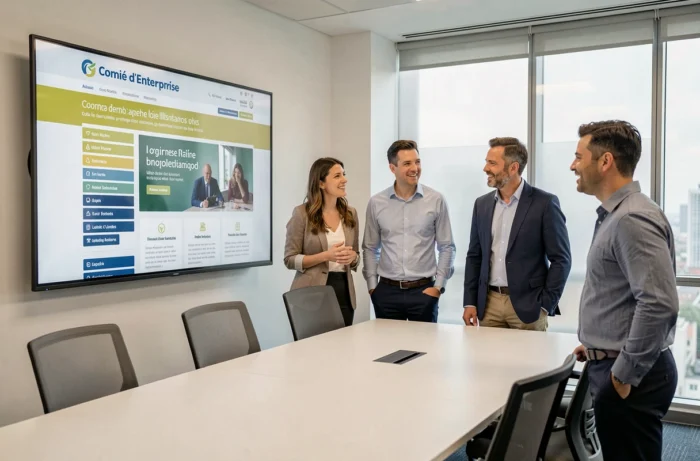 Équipe du comité d'entreprise en réunion autour d'un site web personnalisé sur grand écran