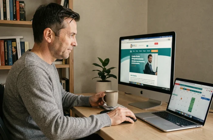 Salarié consultant le site web de son comité d'entreprise depuis son bureau à domicile